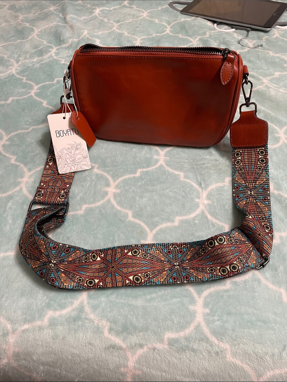 Leather Crossbody Bag in Burnt Orange with Patterned Strap
